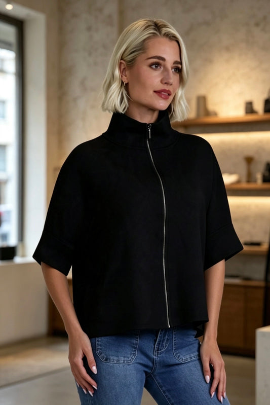 Funnel Neck Short Sleeve Jacket ~ Black