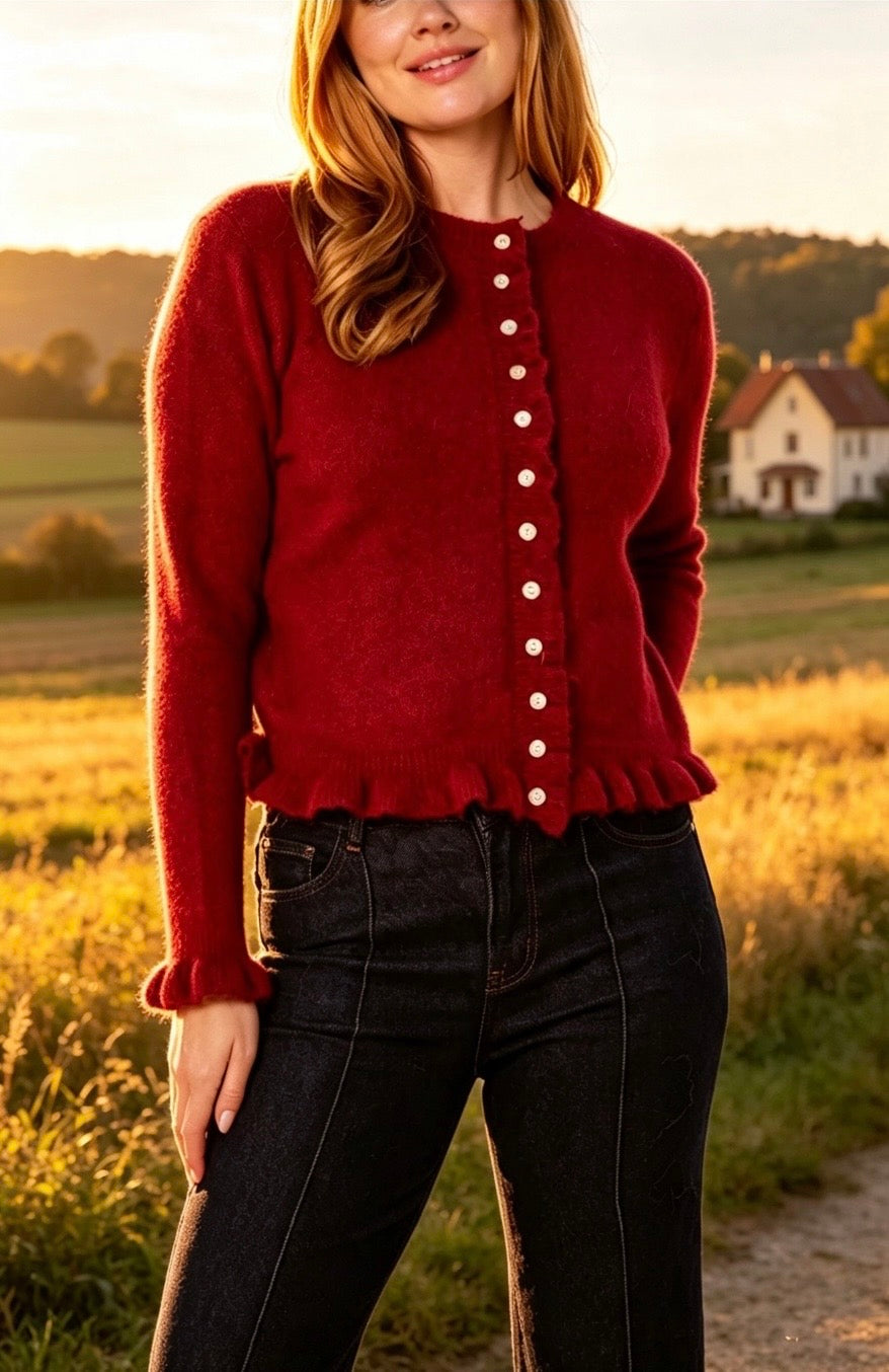 Frill Detail Button Through Cardigan ~ Wine