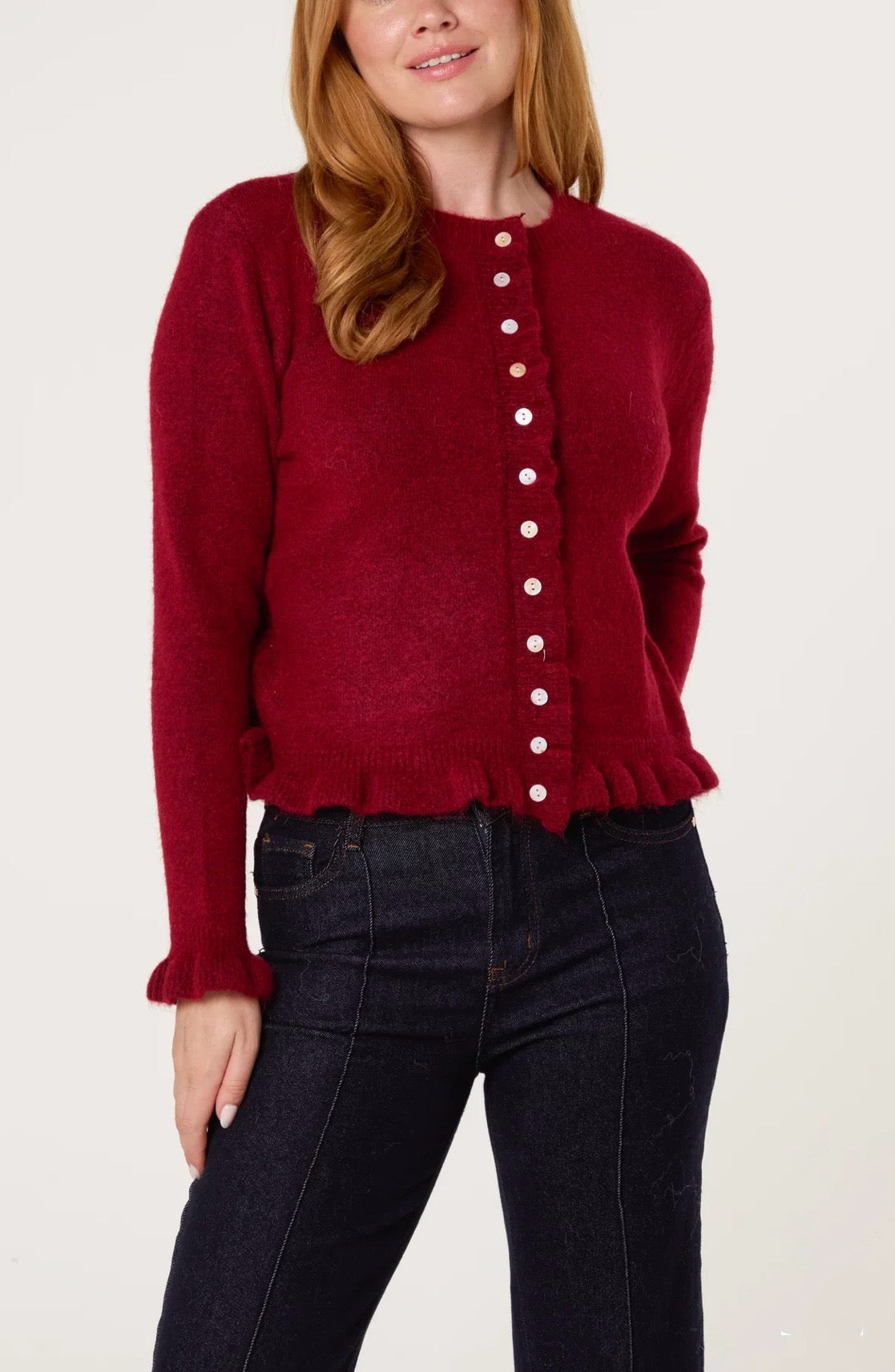 Frill Detail Button Through Cardigan ~ Wine