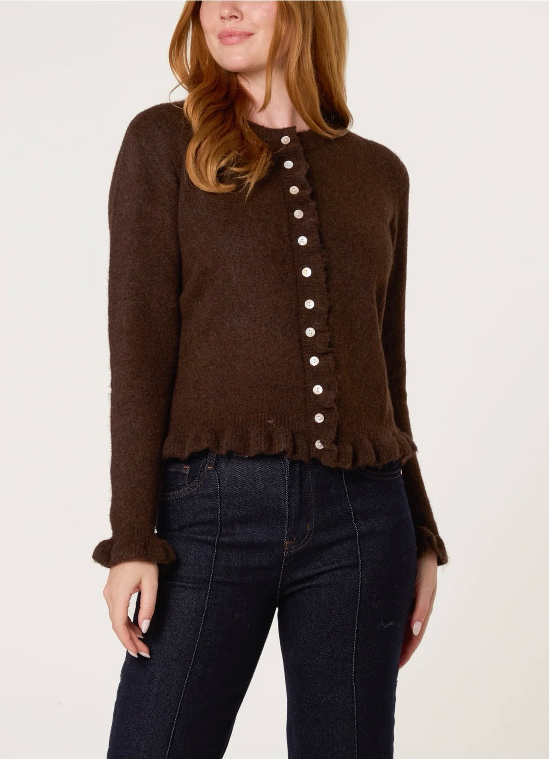 Frill detail  button through cardigan ~ chocolate