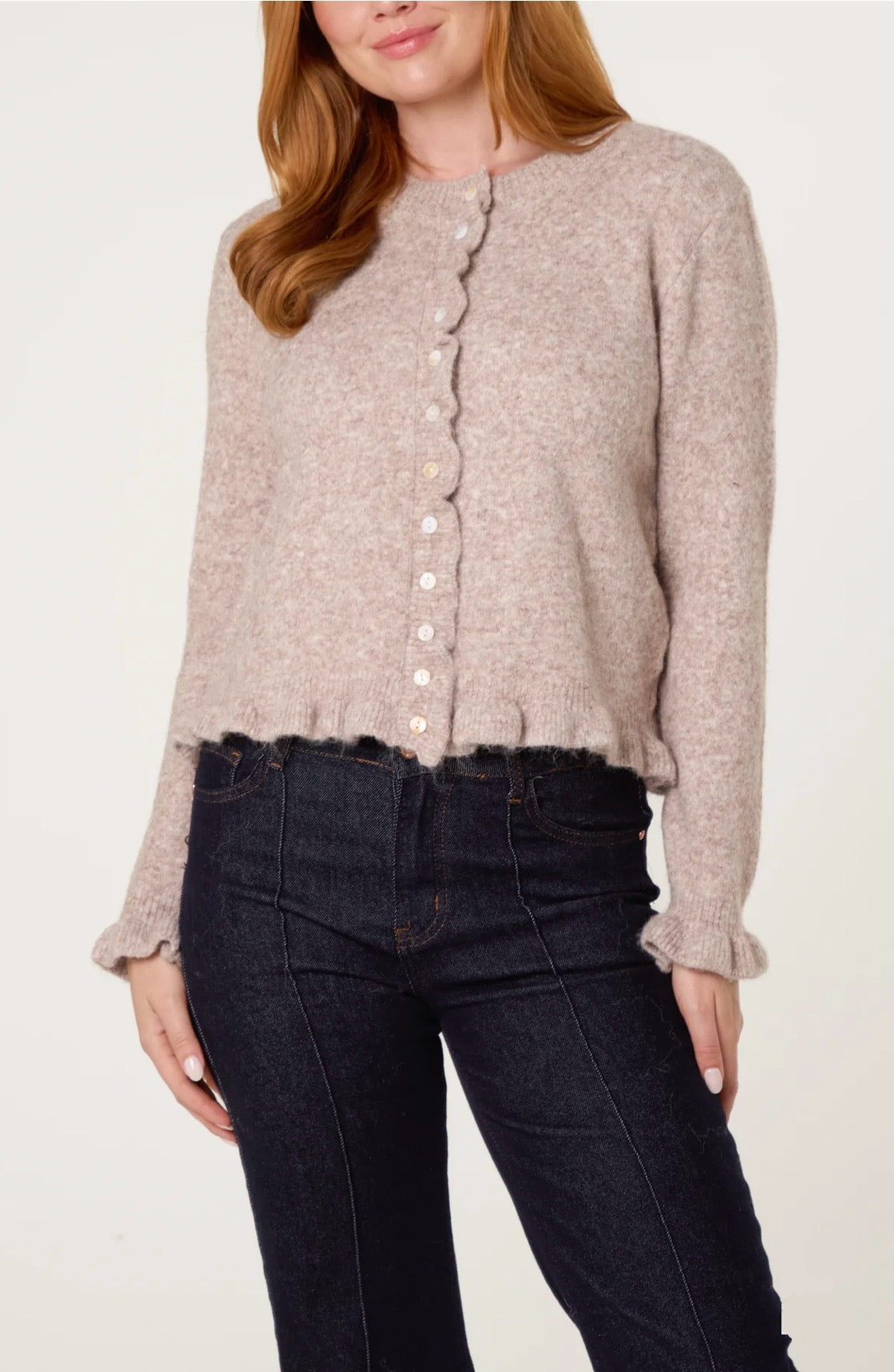 Frill detail button through cardigan ~ mocha