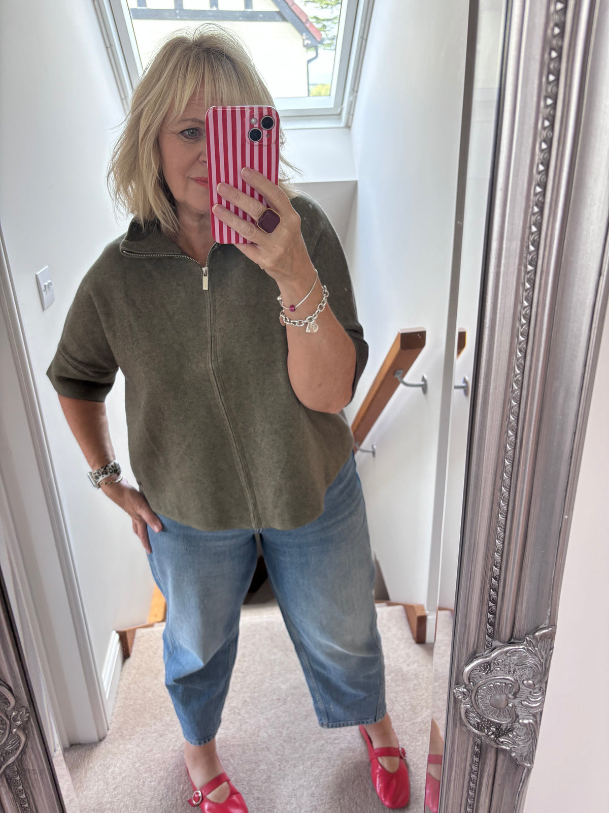 Funnel neck short sleeve jacket ~ Khaki