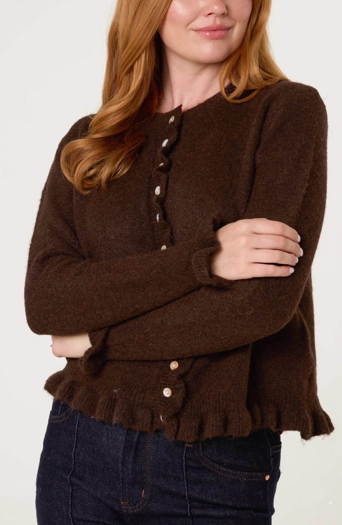 Frill detail  button through cardigan ~ chocolate
